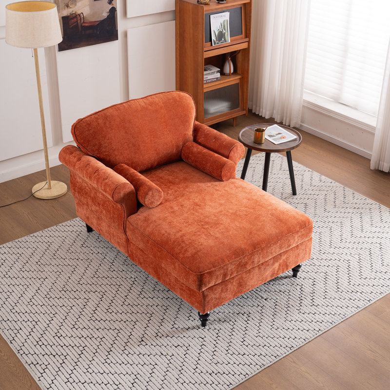 43.3" Chaise Lounge Chair Indoor With 2 Pillows Upholstered Chenille Single Chair For Living Room, Bedroom, Office, Orange