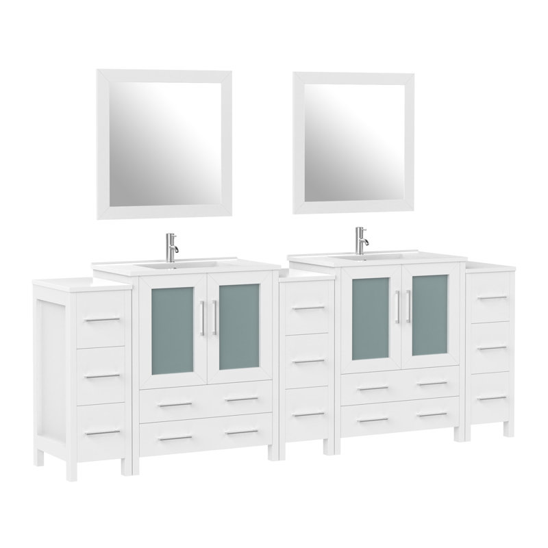 Karson 96'' Double Bathroom Vanity with Ceramic Top with Mirror, White