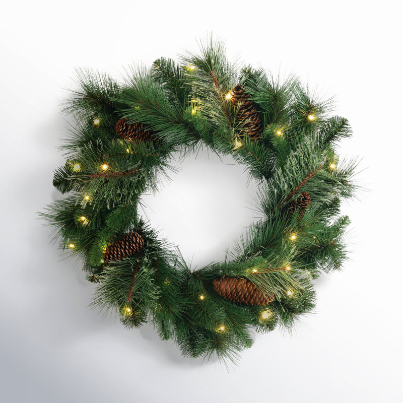 Artificial 24" LED Mixed Pine Christmas Wreath with Pinecones, Green