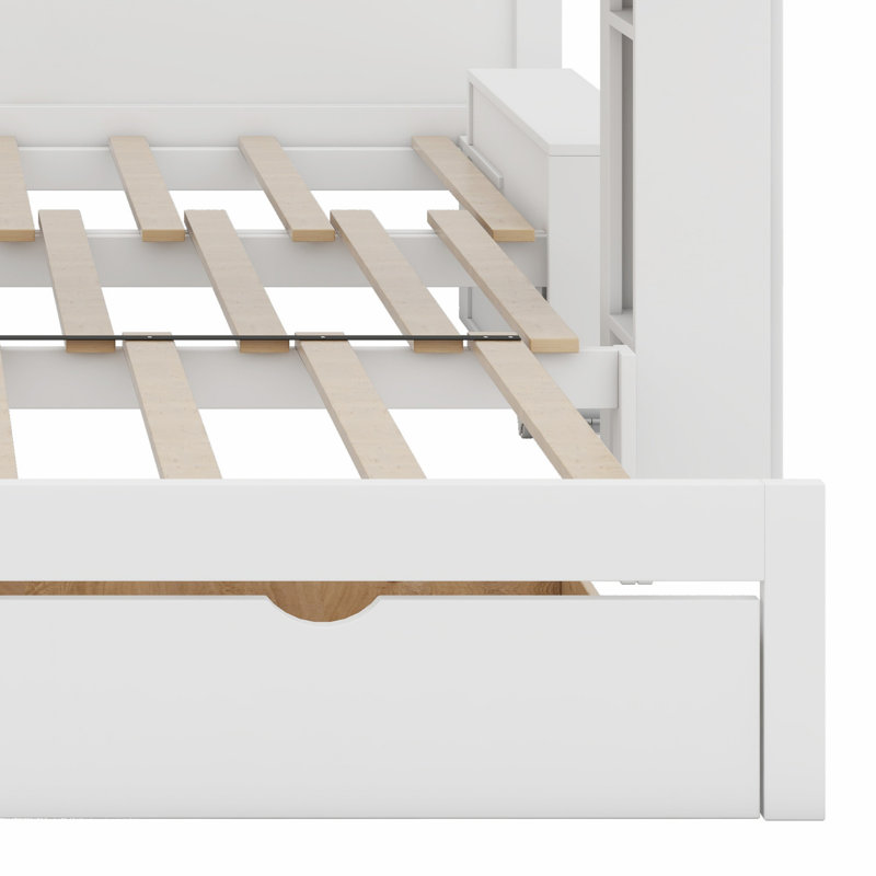 Lit de jour avec bureau amovible, tiroirs de rangement et table d'appoint hydraulique, Blanc, Grand lit