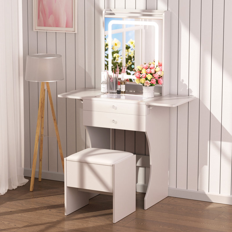 Ensemble de meuble-lavabo pour les petites chambres - Petit meuble-lavabo avec tabouret, tiroirs compartimentés et tables d'appoint pliables de 20 cm
