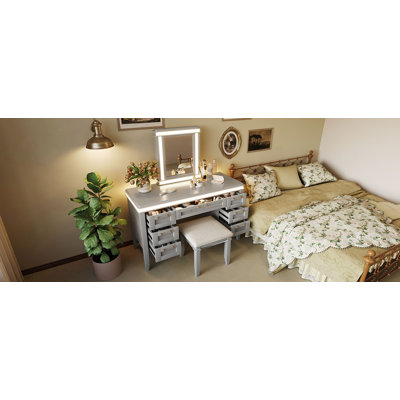 Classic Vanity Set with Bamboo Weave Drawers, LED Lighting, and Cushioned Stool