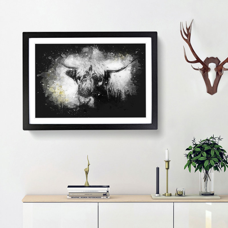 Paint Splattered Highland Cow Framed Print, 60cm H x 91cm W x 2cm D, Black Framed