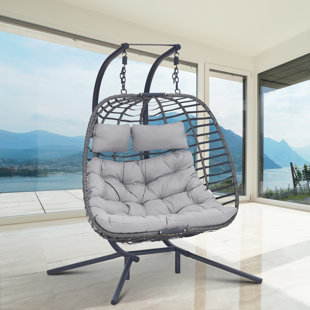Swing Egg Chair with Stand Indoor Outdoor, UV Resistant Cushion Hanging  Chair with Guardrail and Cup Holder, Anti-Rust Foldable Aluminum Frame  Hammock