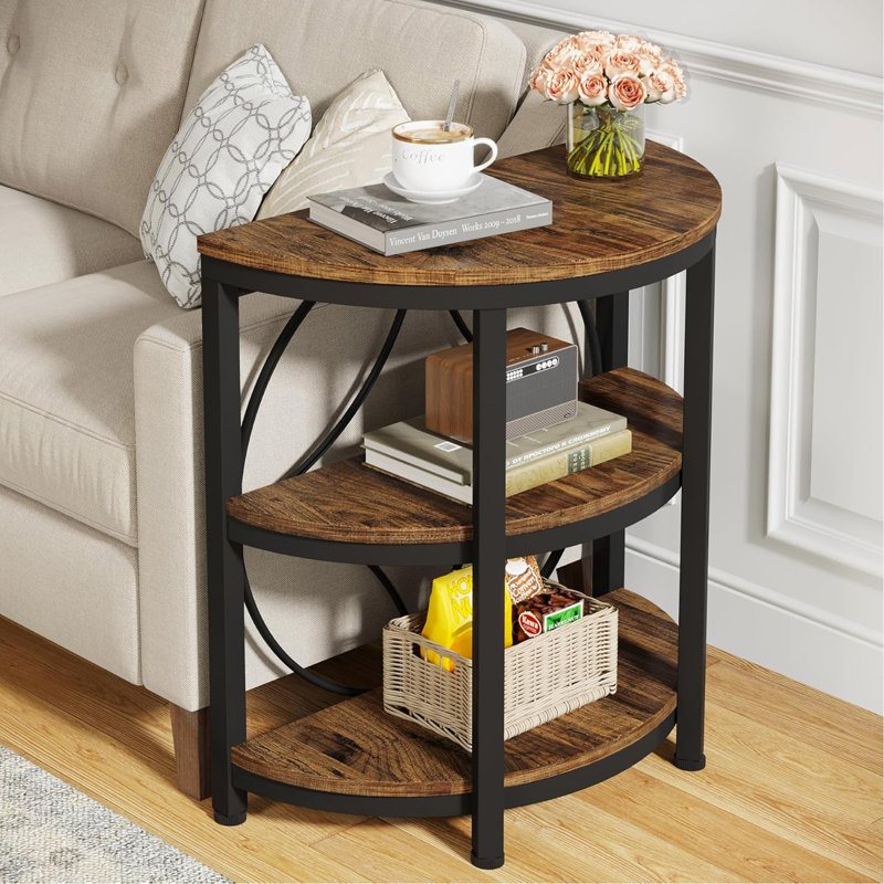 Table de bout industrielle 23,62 po à 3 niveaux demi-lune - Table d'appoint en bois brun rustique et métal noir avec tablettes de rangement - Table d'appoint demi-cercle peu encombrante