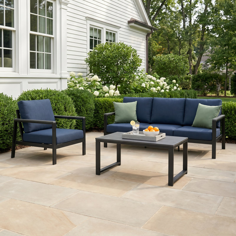 Townsend 3 Piece Sofa Seating Group with Sunbrella Cushions, Canvas Navy Sunbrella® Canvas