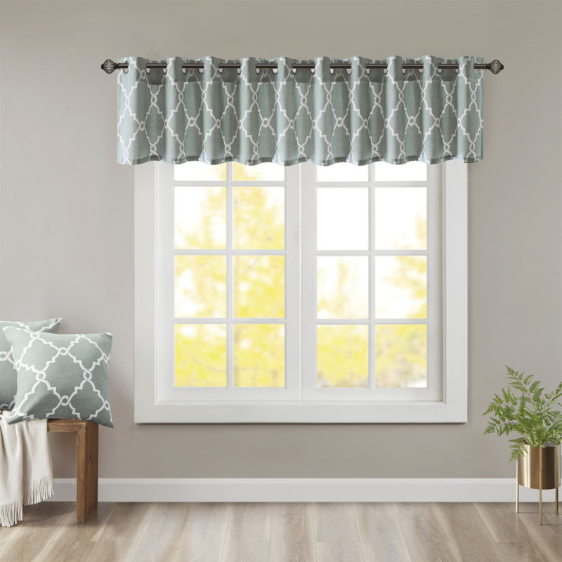 Fretwork Print Grommet Top Window Valance Seafoam/White 50X18", Seafoam/White