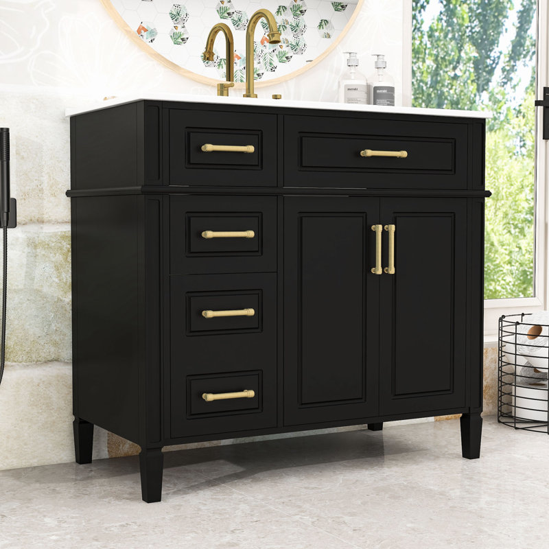 Meuble-lavabo avec lavabo en céramique, 4 tiroirs, tablette réglable et charnières à fermeture en douceur, Noir