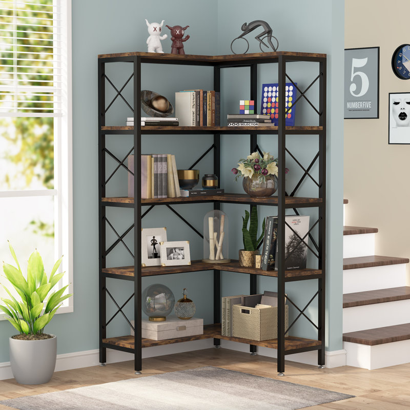167cm H x 80cm W Metal Corner Bookcase, Rustic Brown, 167.6cm H x 30.5cm W x 50.8cm D