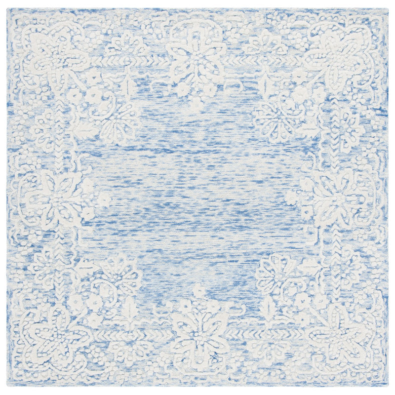 Tapis bleu / crème en laine touffeté à la main Ocala, Carré 6 pi