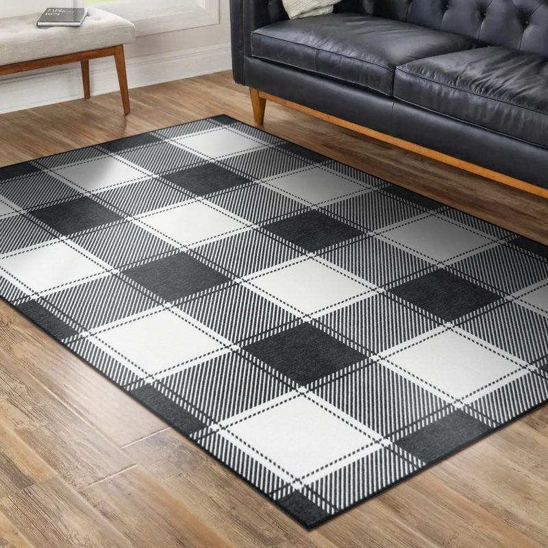 Buffalo Plaid Black And White Flatweave Washable Indoor / Outdoor Rug, Rectangle 5' x 7'