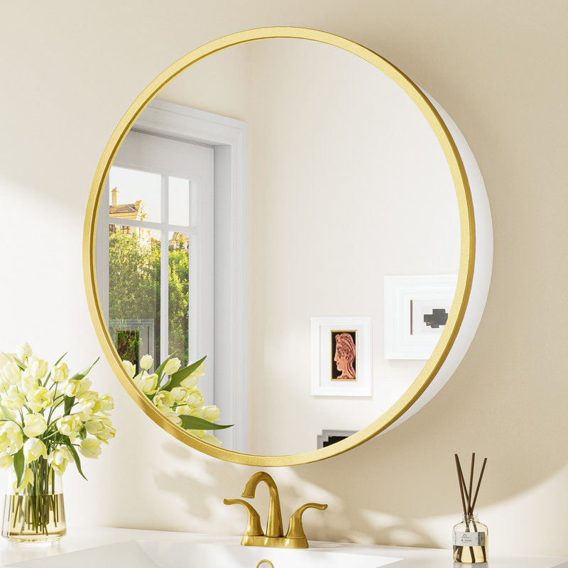 Gervon Round Wall Mounted Medicine Cabinet with Shelves, 24" H x 24" W x 6" D, Gold/White