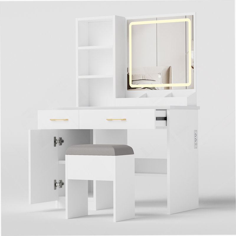 Meuble-lavabo fonctionnel avec miroir réglable, plusieurs modes d'éclairage et beaucoup de rangement, idéal pour l'organisation de la chambre à coucher et le maquillage.