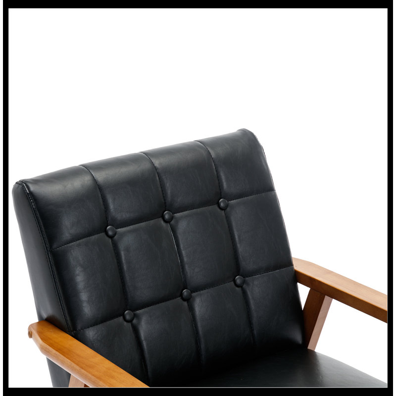 Accent Chairs Set of 2 with Side Table, Wood and Fabric Armchairs Side Chair, Black Faux Leather