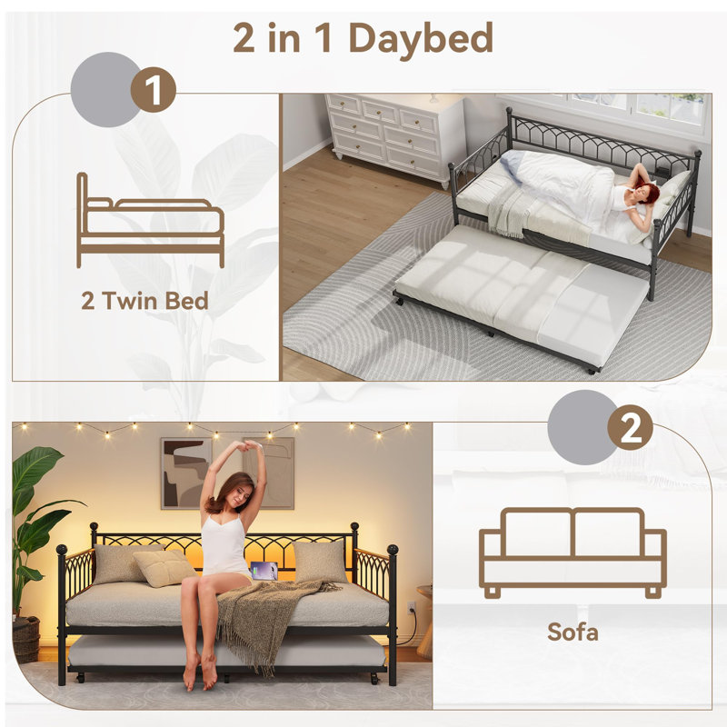 Twin Daybed with Trundle, Metal Trundle Bed with Charging Station & LED Lights, Sofa Bed Frame with 6 Locking Caster Wheels