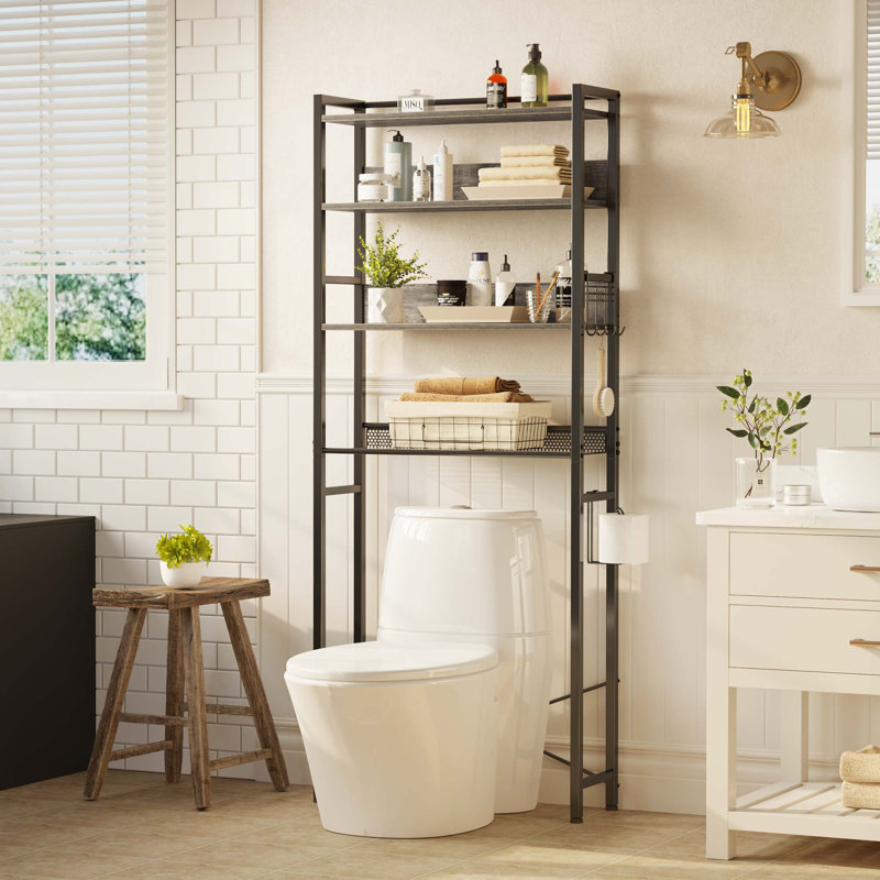 Calirose 23.6" W x 68 "H x 9.4" D Over The Toilet Storage with 4-tier shelf & 4 hooks, Gray/Black