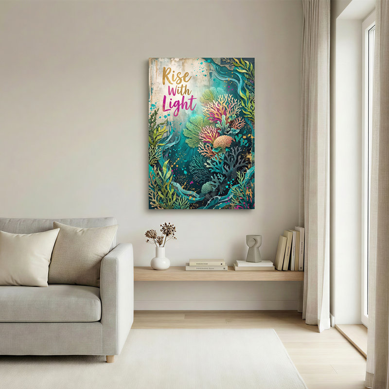 Art mural en toile bleu sarcelle et corail, H 40 po x l 28 po