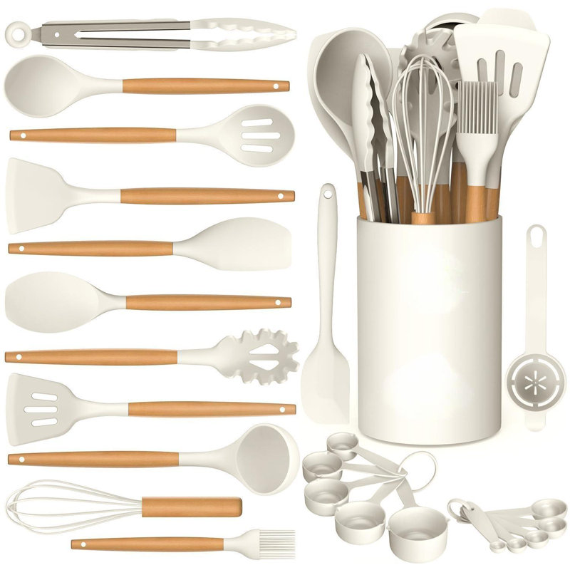 Cream White Silicone Cooking Utensils Set with Wooden Handles