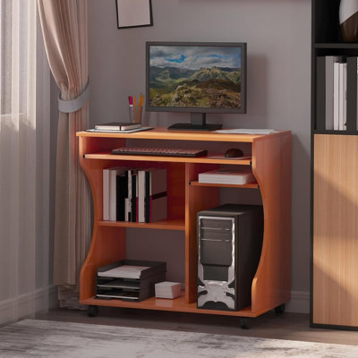 Computer Desk with Sliding Keyboard Tray, with Storage Shelves, PC Desk on Wheels, Cherry Wood Colour