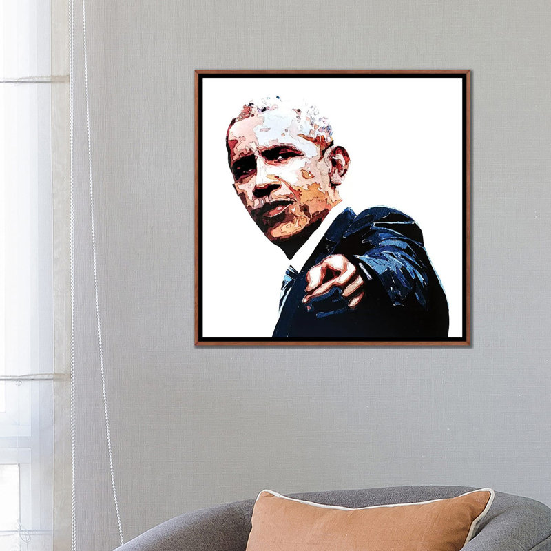 «Obama» par EdsWatercolours - impression, H 26 po x l 26 po x P 1,5 po, Toile avec cadre en bois brun classique, Pas de tapis