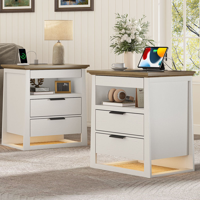 Tables de bout 24 tiroirs de 24 po de hauteur avec 2 tiroirs avec rangement et prises intégrées, détectant les lumières DEL pour le salon, la chambre à coucher
