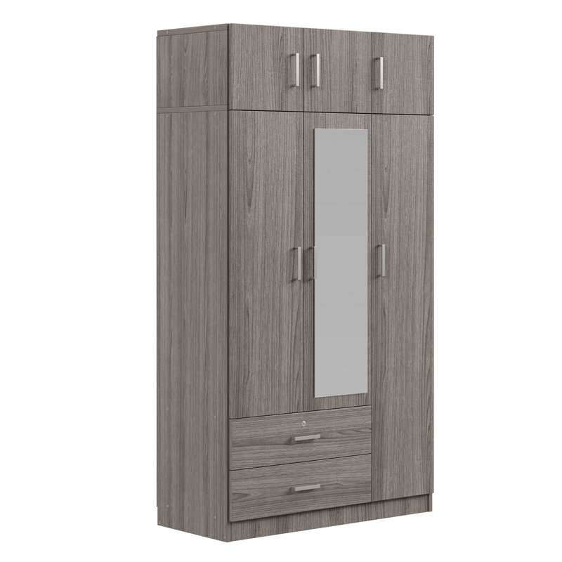 Armoire à miroir 3 portes avec 2 tiroirs et armoire supérieure, Gris