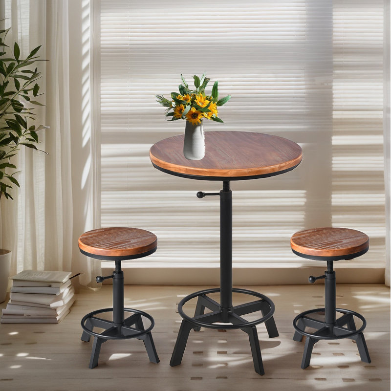 SET OF 3,Bar Table (30.31"-35.43") & 2 Counter Stools (17.7-24.4") Set For Pub Kitchen(Desktop Dia23.6”)