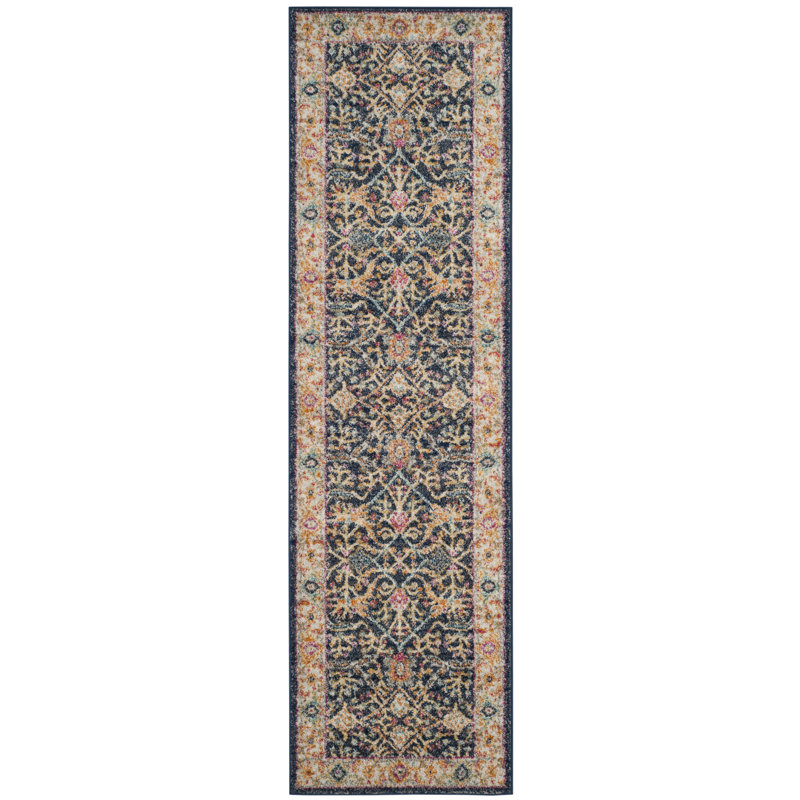 Tapis oriental crème / bleu marine / orange Christa, Tapis de couloir 2 pi 3 po x 8 pi