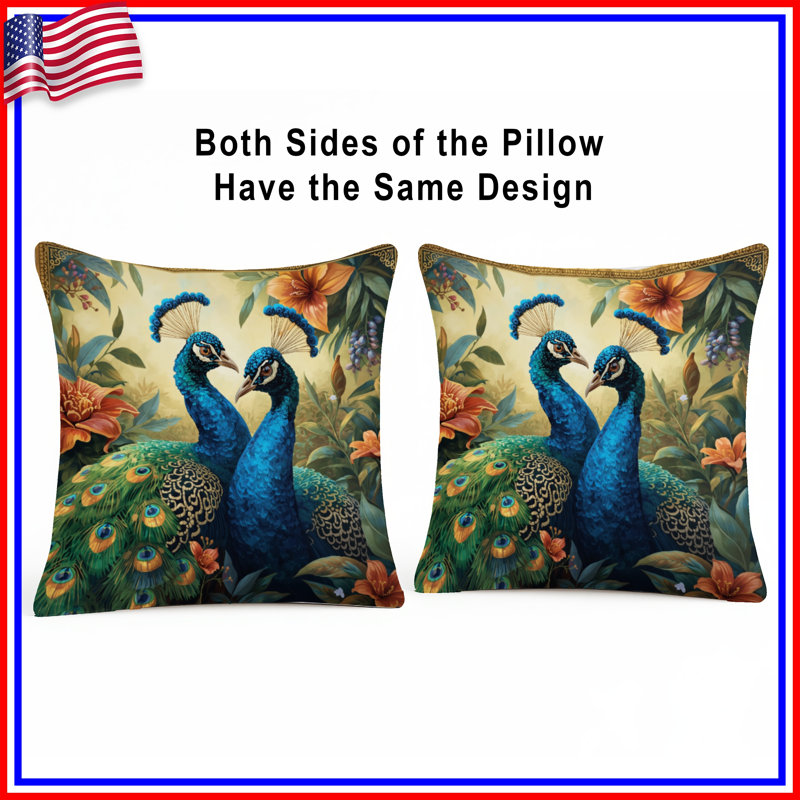 Coussins bleus avec paons et fleurs, 26 x 26 pouces