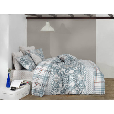 Ensemble de housse de couette 100% coton 4 pièces blanc / menthe / beige Purant