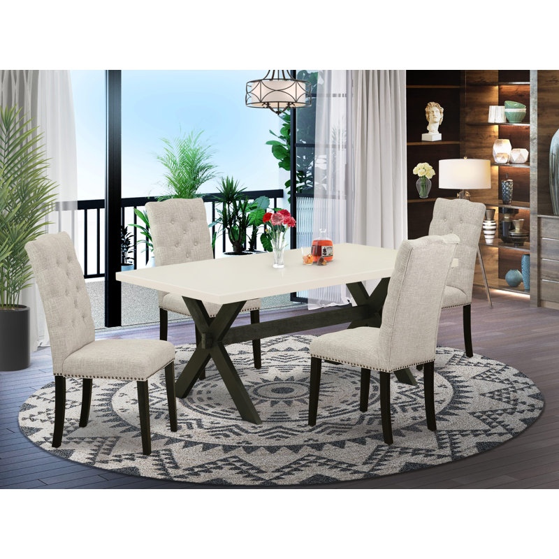 Ensemble de table de salle à manger 5 pièces comprenant une table de salle à manger rectangulaire avec pieds en X et 4 chaises rembourrées en tissu de lin, noir brossé