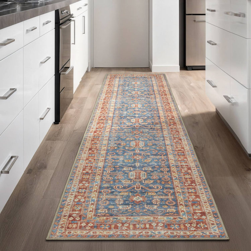 GLN Rugs Traditional Collection - Machine Washable Area Rug, Traditional Washable Rug, Non Slip Washable Rug, Low Pile Chenille Living Room Rug, Bedroom Rug, Kitchen Rug (Terra and Blue Rug)