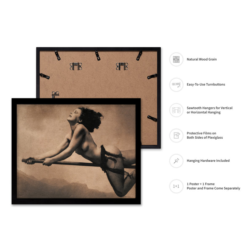 Sorcière nue sur balai, Black Framed, Poster, 11"H x 14"W