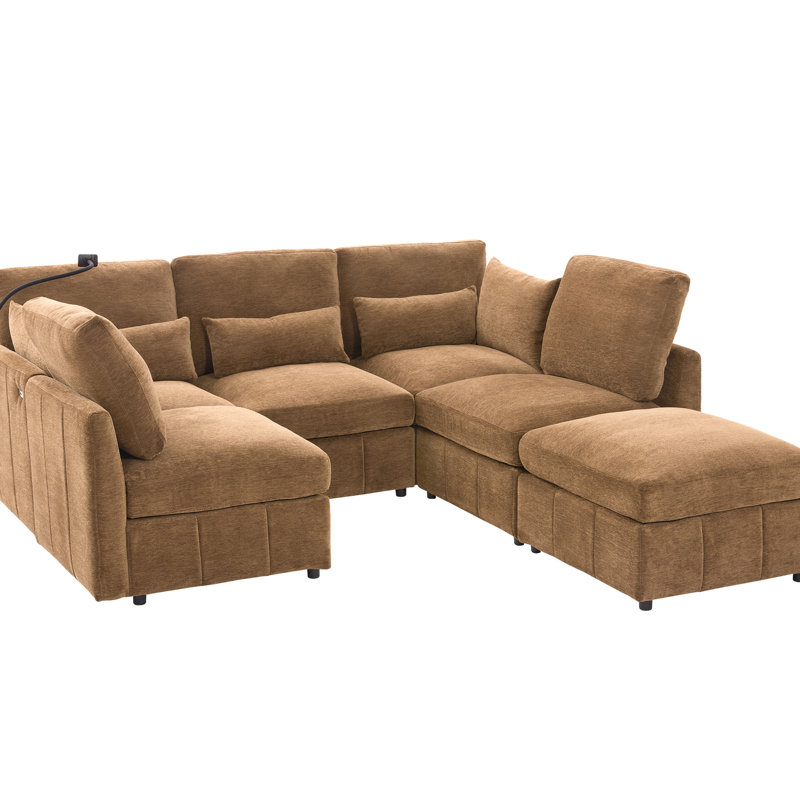 85.4" Brown Sectional Bed With Movable , Ports, Phone Holder, And Three Lumbar Pillows For Guest - Comfortable Homes U Shaped Modular Relaxed Home Living