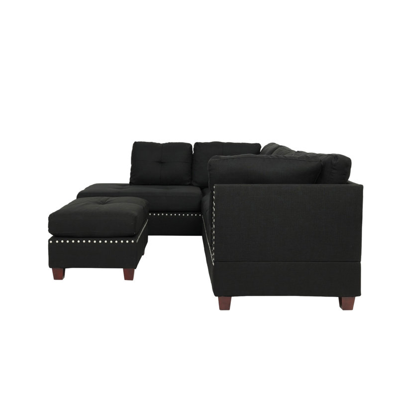 Reversible Polyfiber Sectional Sofa With Ottoman, Black