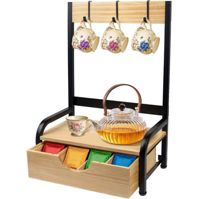 Organisateur de sachets de thé avec tiroir réglable, organisateurs de thé et rangement avec 3 crochets, support de sachets de thé en métal et en bois, organisateur de boîte à thé pour la station de thé de comptoir, organisateur de rangement de thé