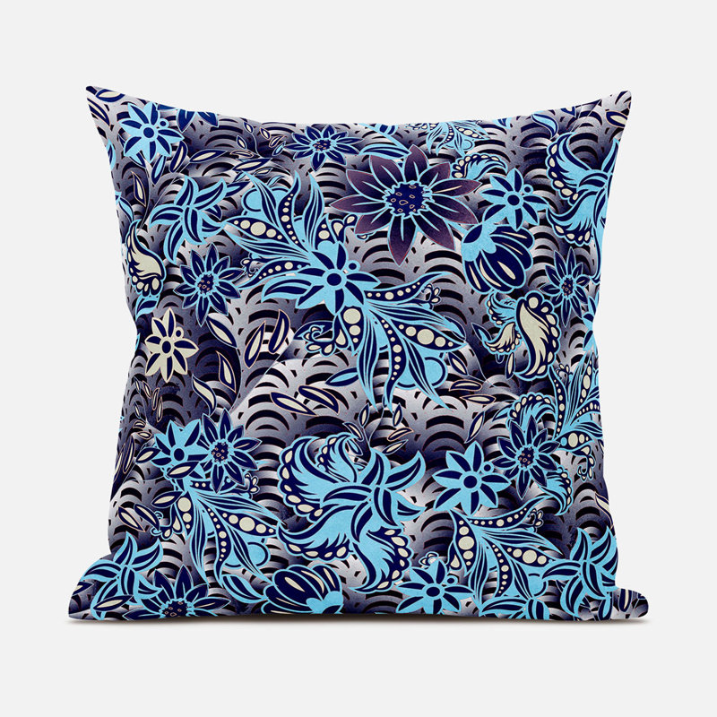 Purple Blue Beige Floral Faux Suede Throw Pillow 20x20