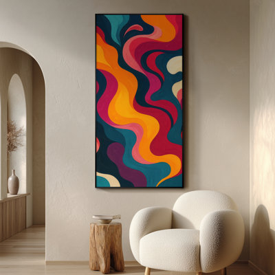 Extra Large Wall Art Fabric Print - Vibrant Abstract Flowing Waves in Red Orange and Teal Artwork Decor for Living Room or Bedroom - "Frame Assembly Required (Unfinished Frame)"