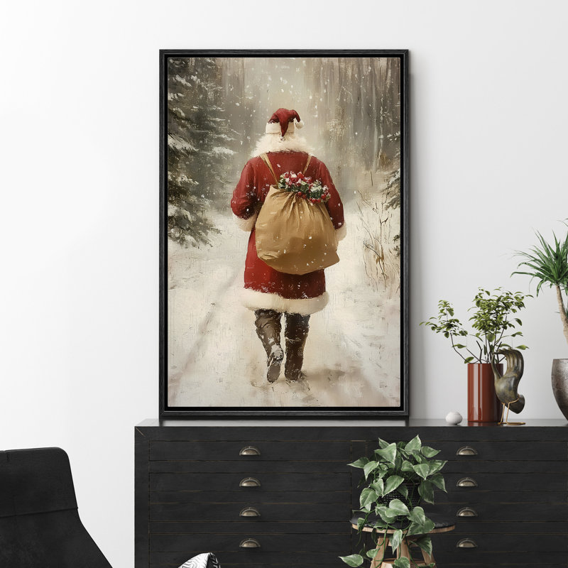 «Santa Claus Walking in Winter Road», impression sur toile, Cadre flottant noir, H 24 po x l 16 po