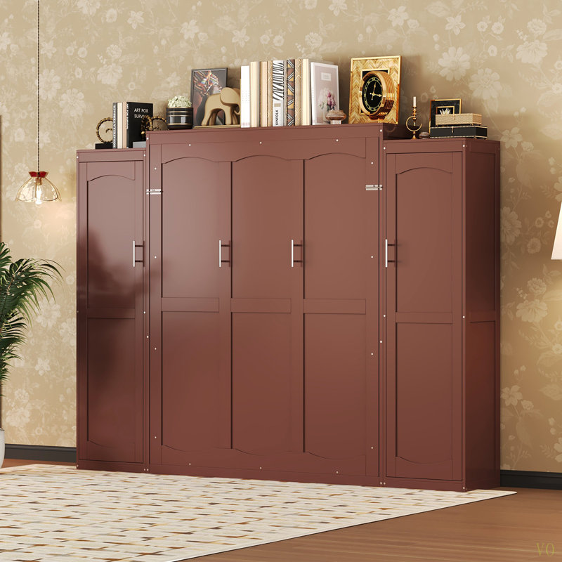 Lit escamotable double, lit escamotable double en bois avec 2 garde-robes et tablette de rangement, cadre de lit plateforme pliable multifonctionnel pour chambre d'amis, chambre à coucher