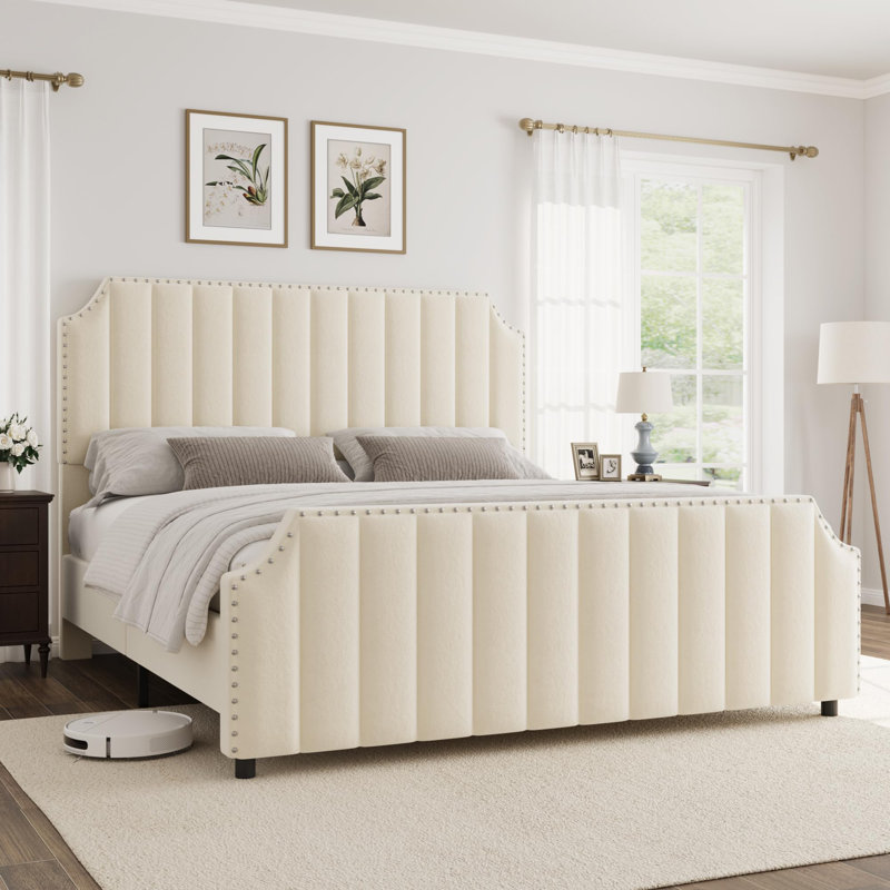 Bed Frame with 50.2" Headboard, Upholstered Platform Bed Frame with Vertical Channel Tufted Velvet Fabric, Extra Large Tufted headboard, Nailhead Trim, No Box Spring Needed