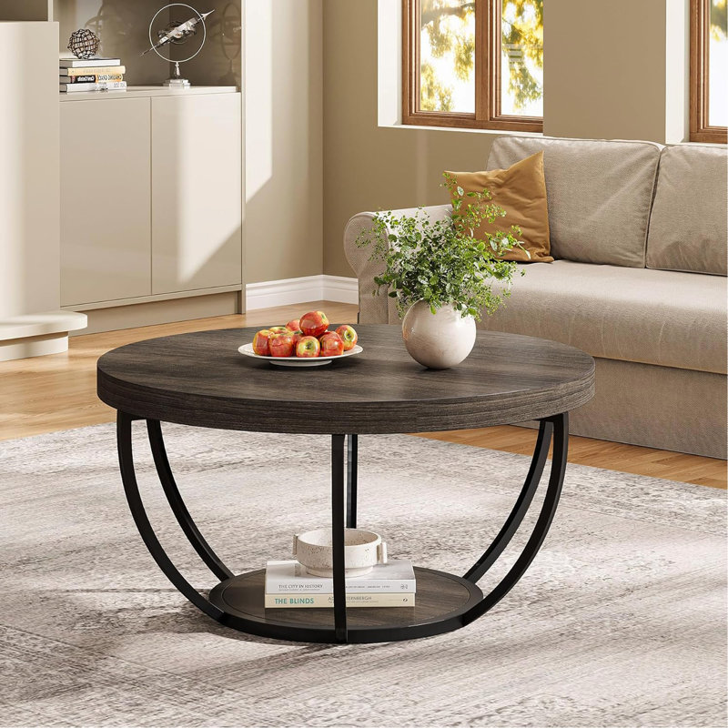 Table basse ronde, table basse circulaire en bois gris à 2 niveaux de 31,7 po avec tablettes de rangement, table d'appoint moderne pour le salon