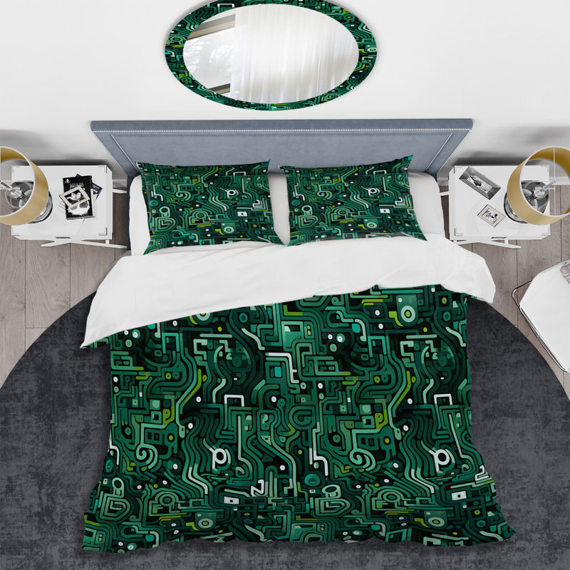 Ensemble de housse de couette Green Techno Fusion Maze II, Housse de couette pour grand lit et 2 taies décor