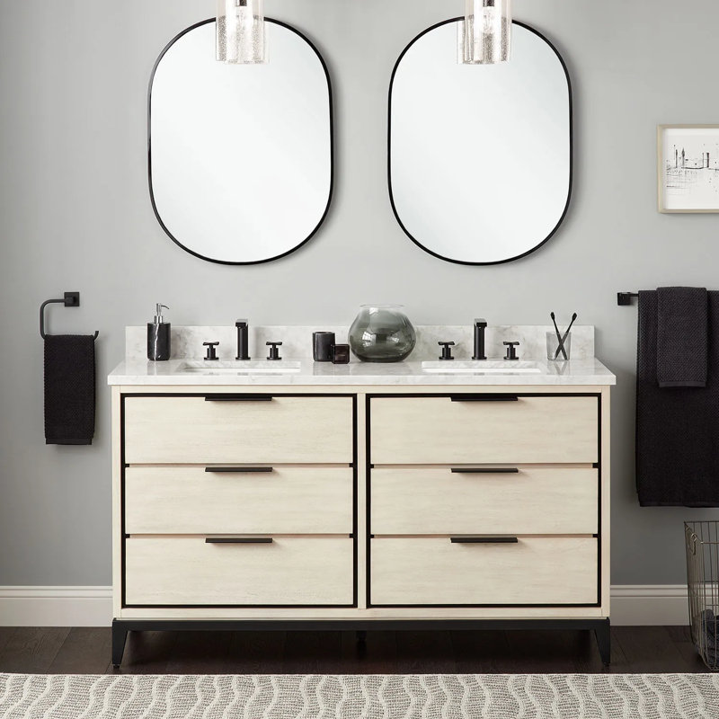 60" Hytes Double Bathroom Vanity Set with Rectangular Undermount Sinks, Arctic White Quartz, Sky Gray, 8" Centers