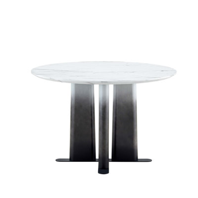 Round White Marble Pattern MDF Dining Table with Black-White Gradient Cross Base, Compact 2-4 Seater for Modern Small-Space Living and Multi-Functional Use.