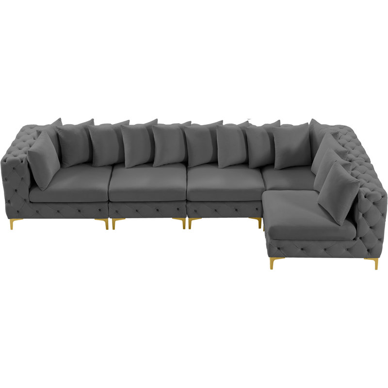 Iyeshia Velvet L-Shaped Sectional Reversible, Grey Velvet