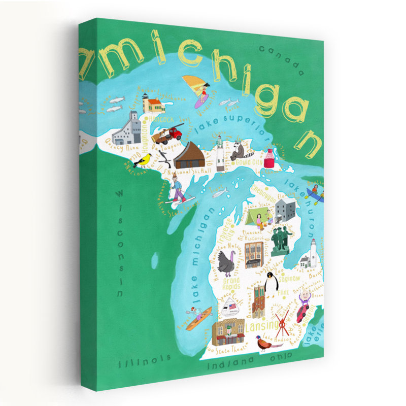 Illustrated Michigan Map Colorful Abstract Contemporary Nature City Wall Art Print 1 Piece Wrapped Canvas Wall Art