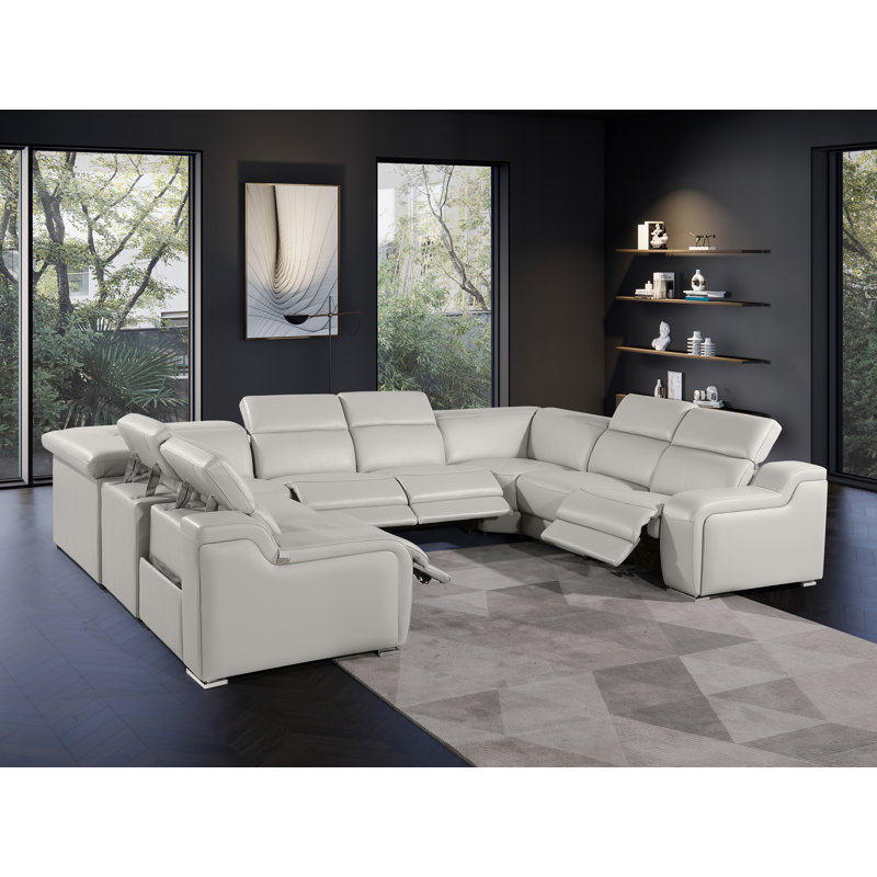 Stanwin 8 - Piece Top Grain Italian Leather Power Reclining Corner Sectional, Light Gray Genuine Leather