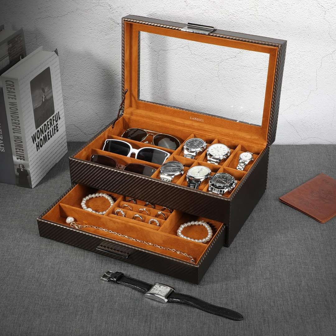 2 Layer 6 Slot Watch Box Organiser Jewellery Box PU Leather Watch Storage Case with Glass Top (Coffee)