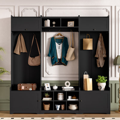 79.1''W Wooden Hall Tree With Shoe Storage, Entryway Bench With 8 Cubbies, 7 Coat Hooks, Adjustable Shelf And Storage Cabinet